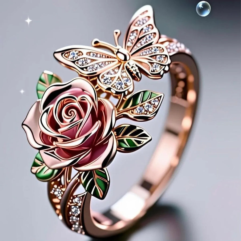 Adjustable butterfly ring with colourful oil drip finish showing floral and insect modelling in alloy metal