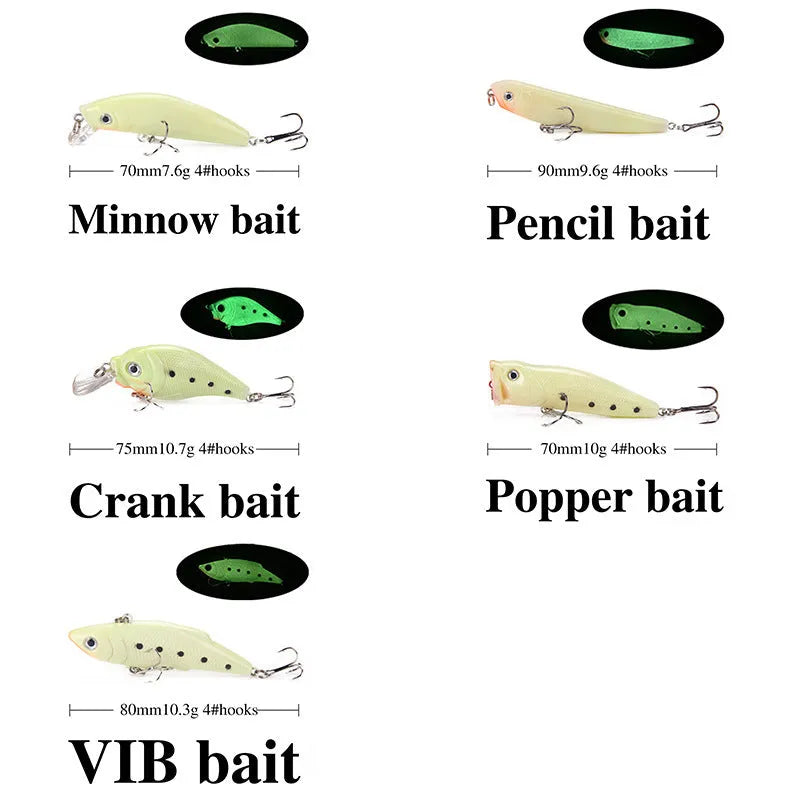 3D fluorescent simulation luminous hard fishing bait set with five pieces