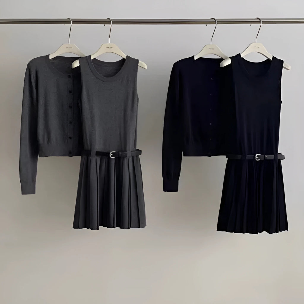Women's grey art retro knitted two-piece set with vest skirt and long-sleeved cardigan