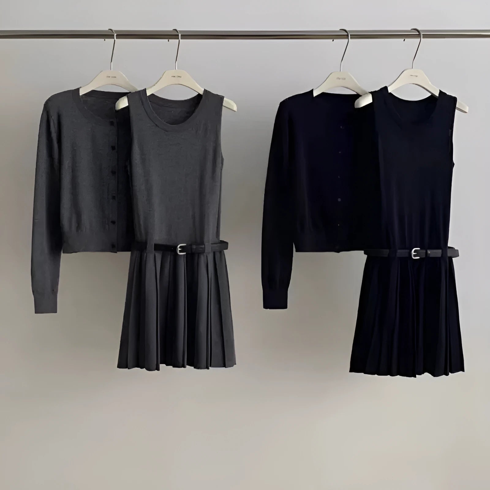Women's grey art retro knitted two-piece set with vest skirt and long-sleeved cardigan