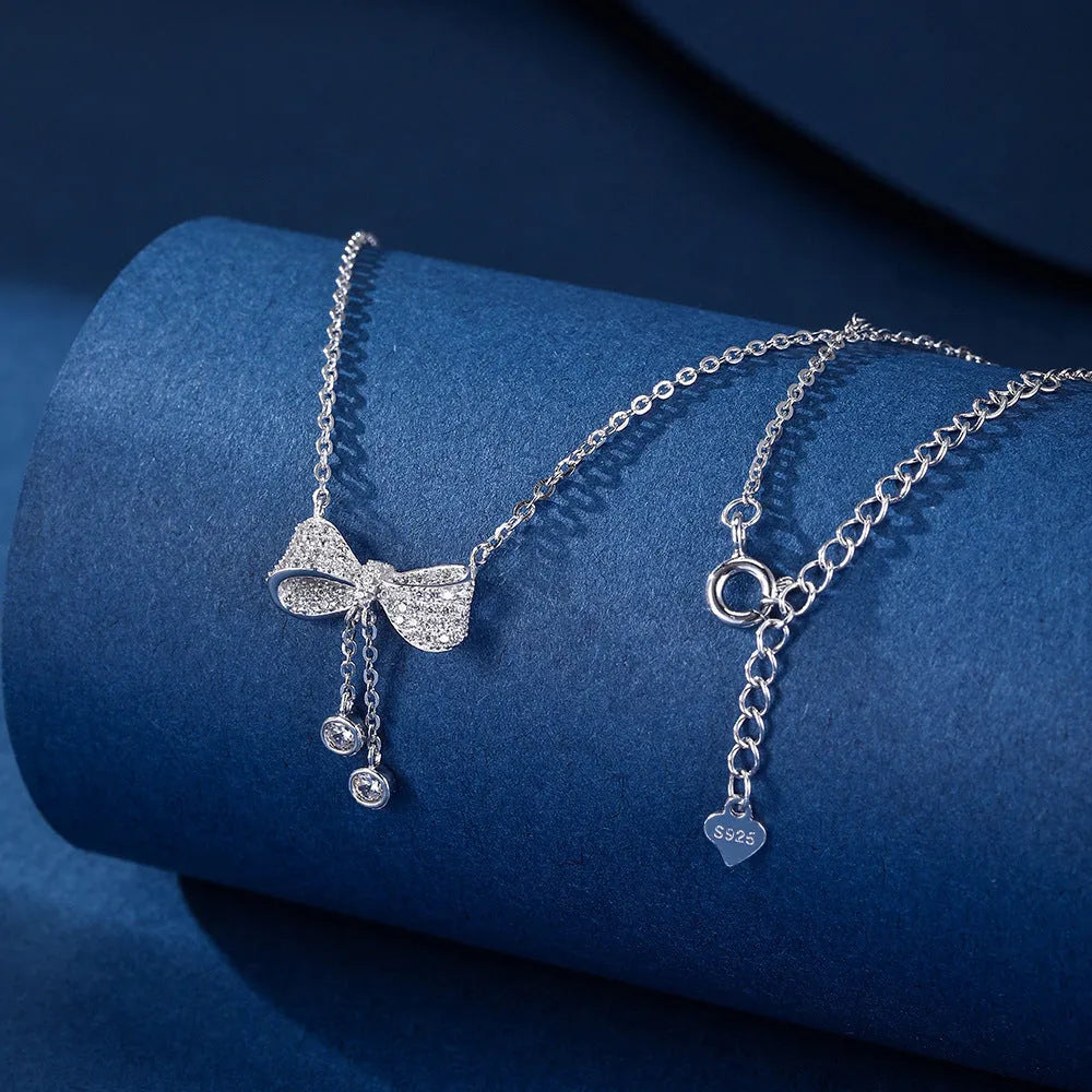 S925 sterling silver bow pendant clavicle chain necklace with O-ring chain