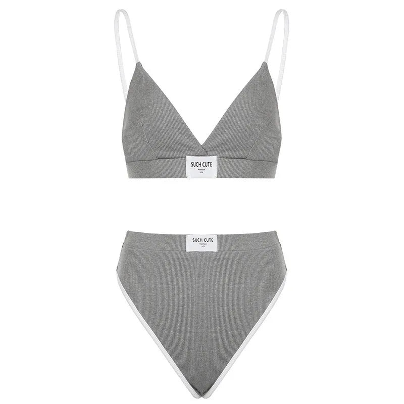 Women's embroidered bikini set with contrast binding, shorts-length bottoms in black, grey or white