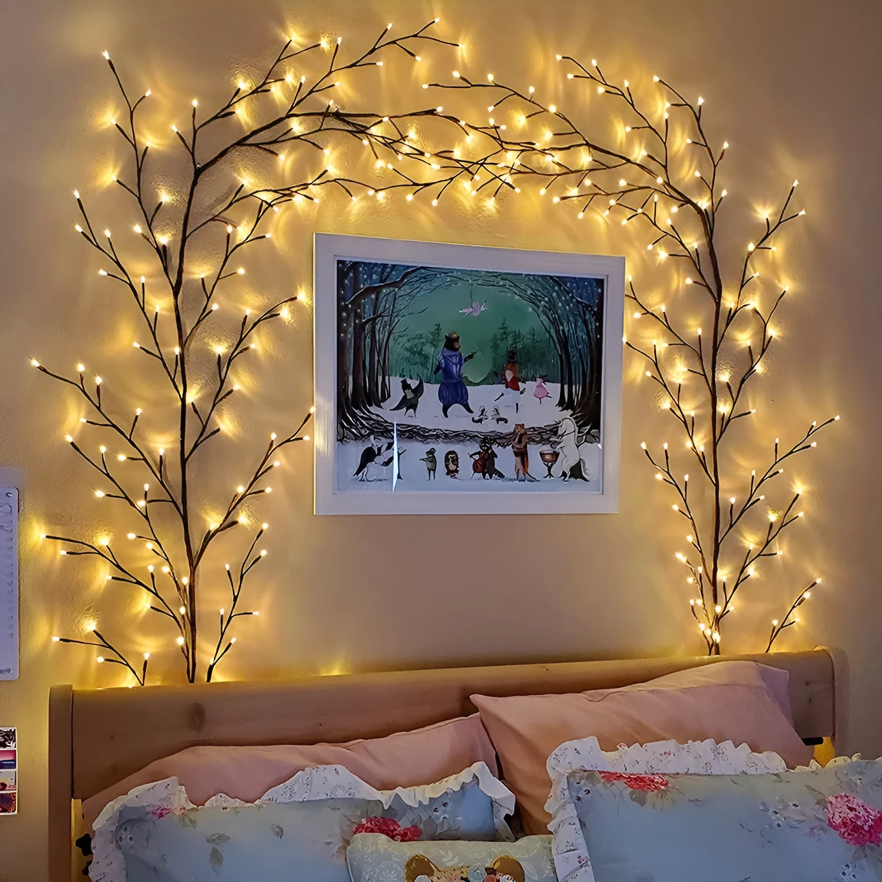 Flexible LED willow vine garland with white birch bark texture and 144 warm white lights for wall decoration