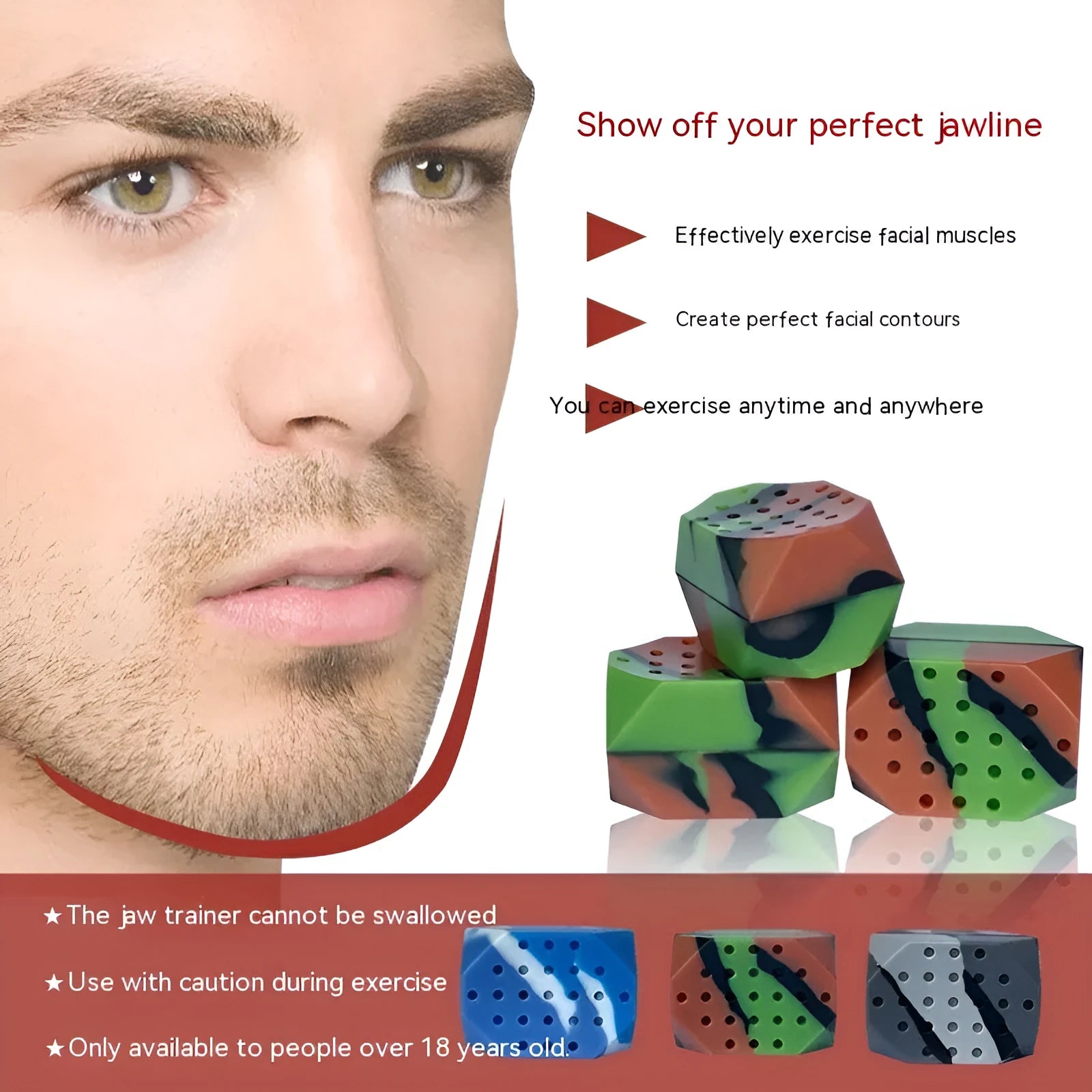 Two camouflage pattern silicone facial exercise balls for jawline training in transparent box