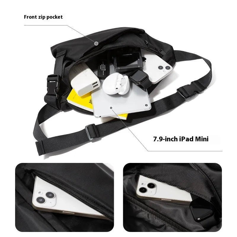 Men's Japanese leisure slanted chest bag in black Oxford fabric with sewing line details