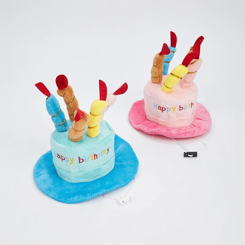 Blue and pink toy dog birthday hats showing 21cm width dimensions on plush animal