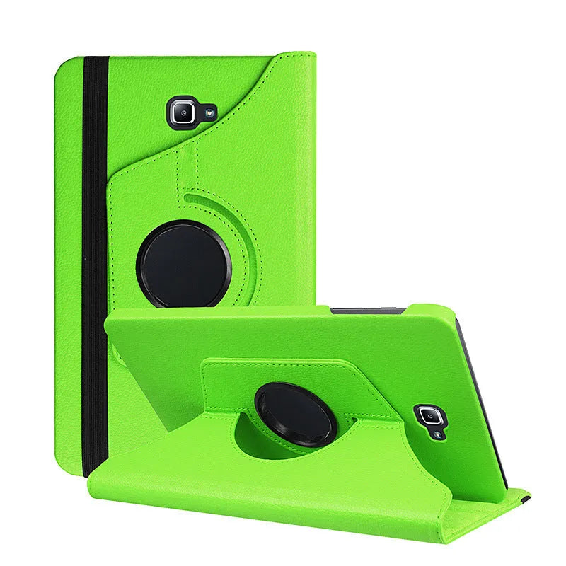 Rotating leather tablet case in clamshell business design showing adjustable viewing mechanism