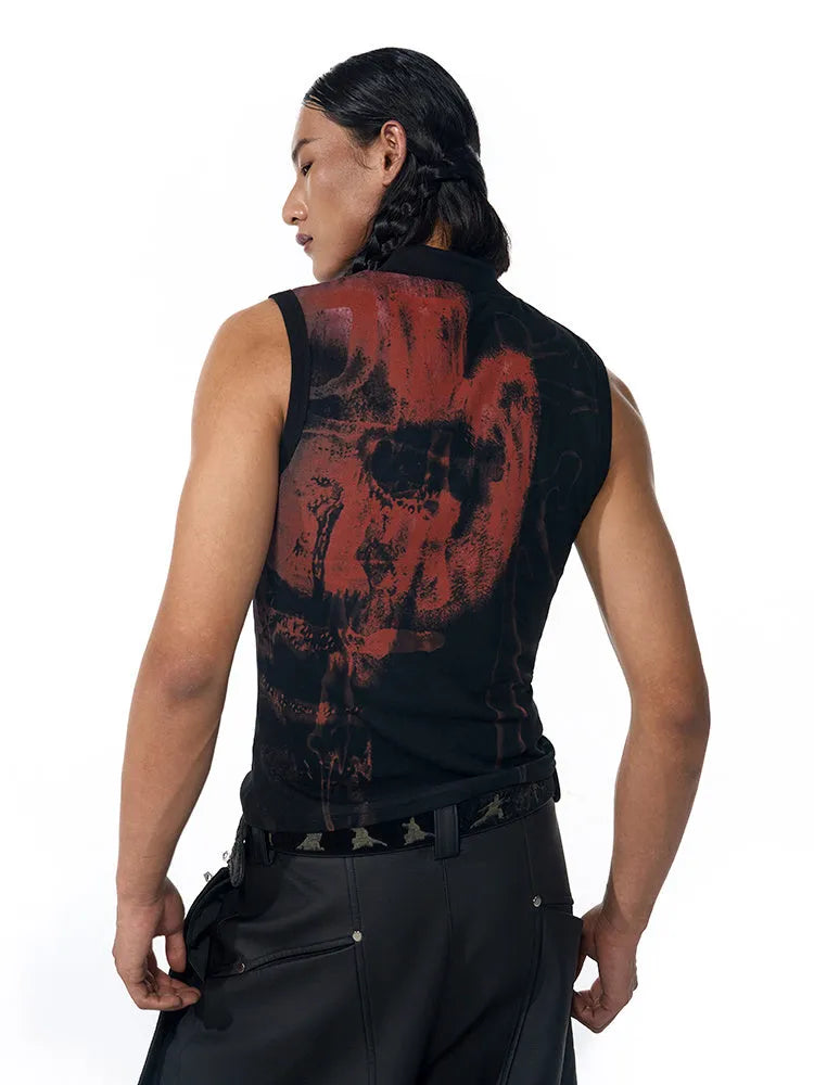Half turtleneck slim-fit printed sleeveless T-shirt in black with character pattern