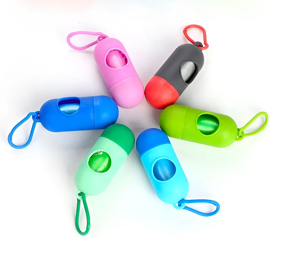 Roll of biodegradable dog poop bags in various colours showing 22.5x30cm size