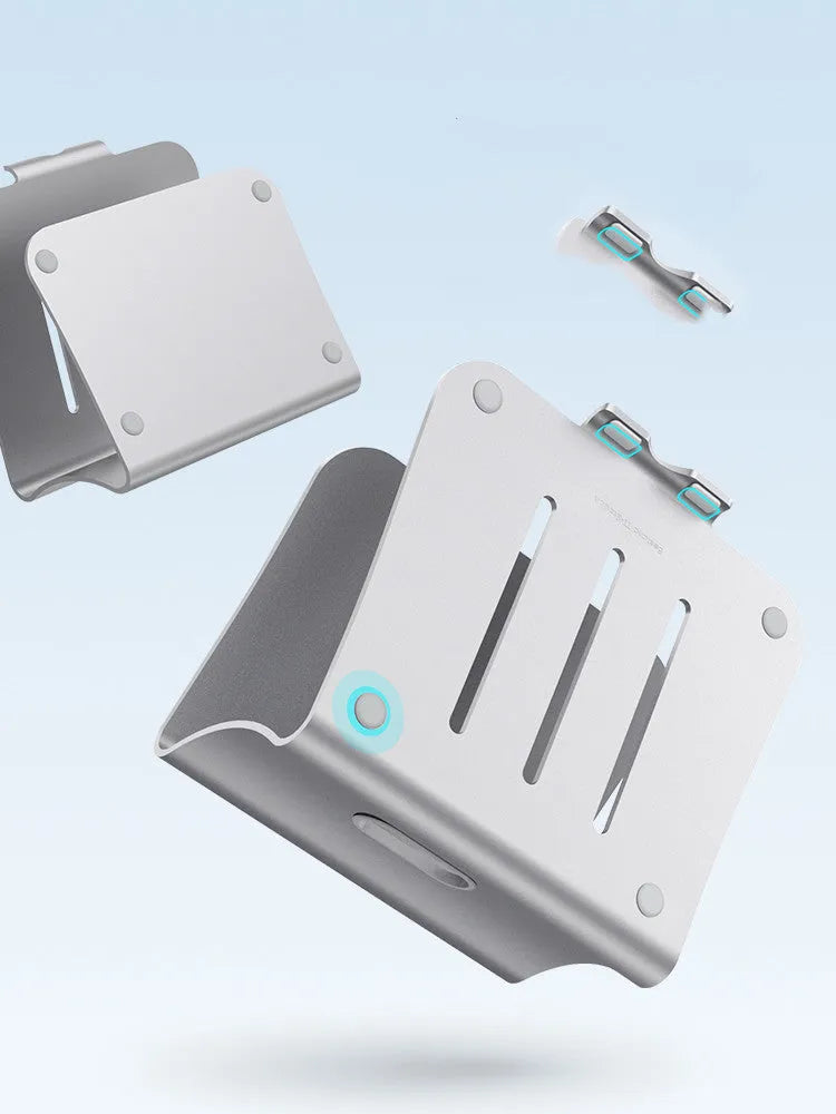 Silver aluminium laptop cooling bracket with striped heat sink on a rotary base.