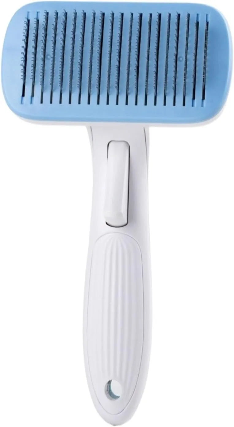 Automatic pet hair removal comb for dogs and cats in blue colour showing one-click button