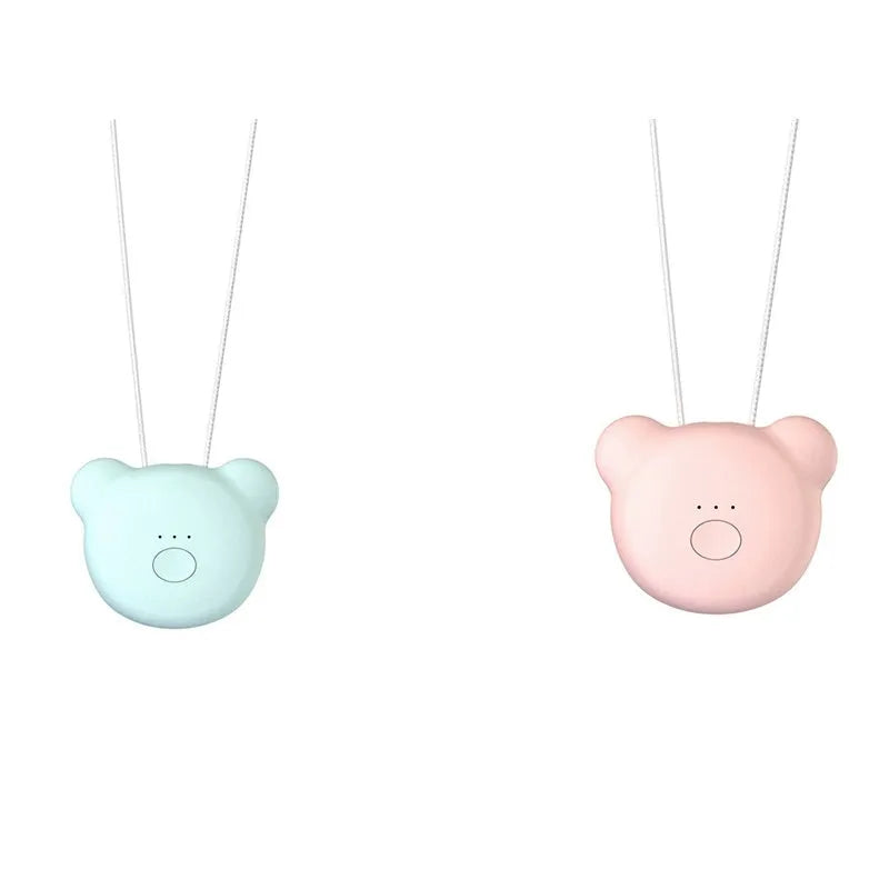 Mini USB rechargeable wearable air purifier necklace in pink, showing compact dimensions.