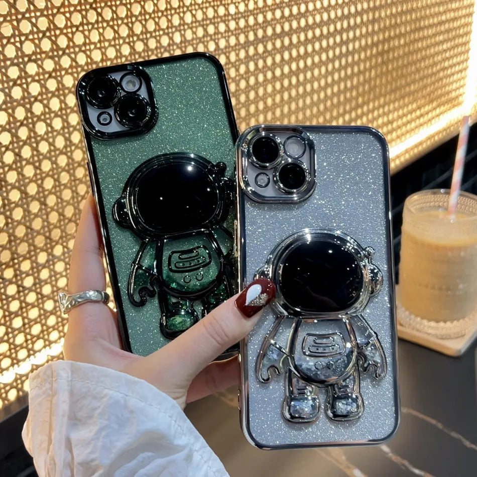 Astronaut spaceman quicksand phone case with electroplated finish and glitter powder for iPhone