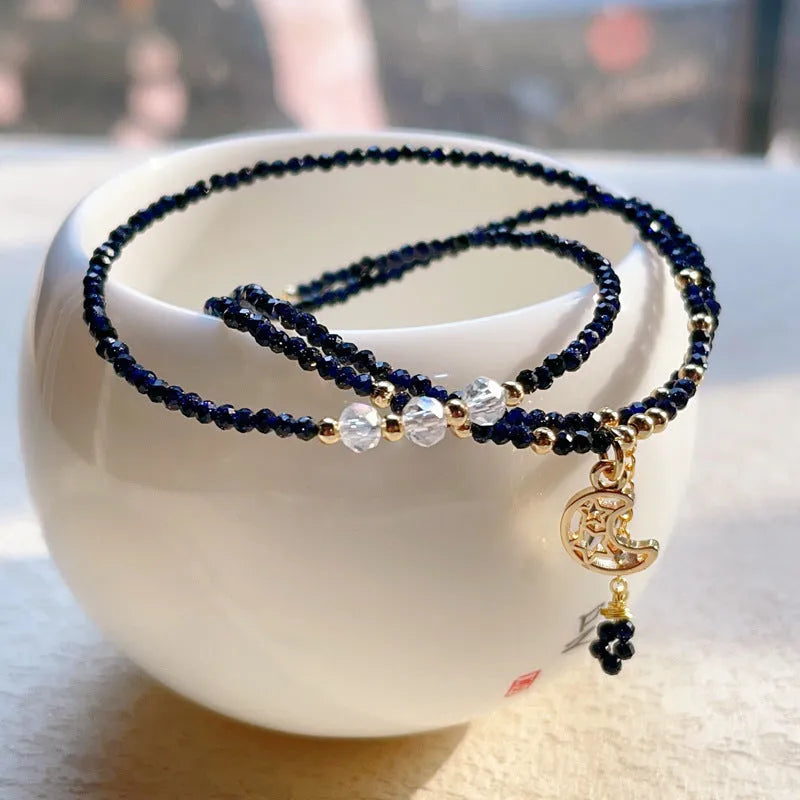 Women's blue gold sand stone cut three-ring multi-layer bracelet with manual craftsmanship