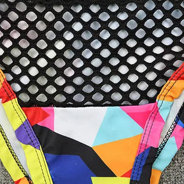 Women's cross strap fishnet high waist bikini set in checkered multicolor with bra top and shorts