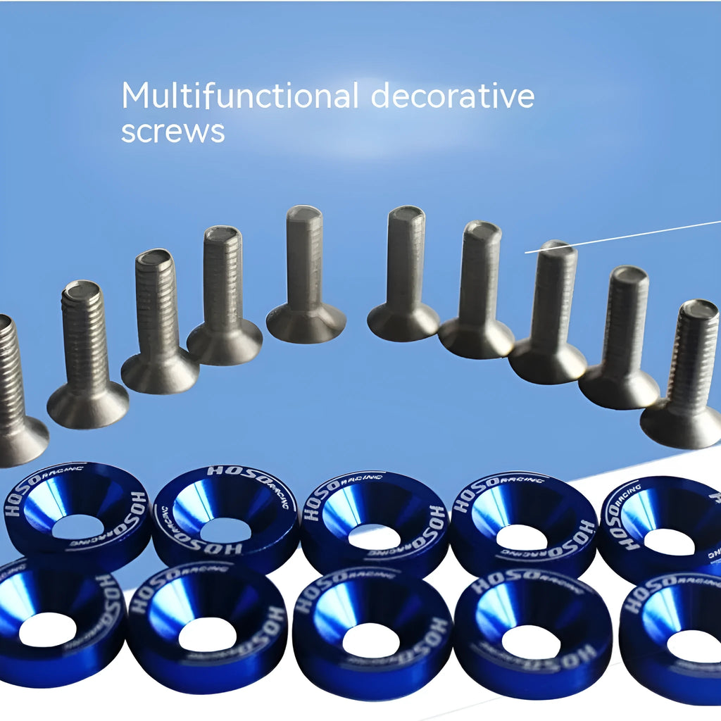 Ten car modification gasket screws in assorted colours on a dark background