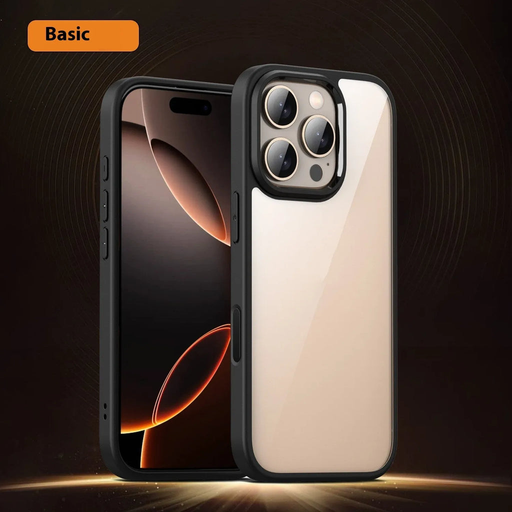 Black transparent magnetic phone case for iPhone 16 with airbag corners and TPU PC construction