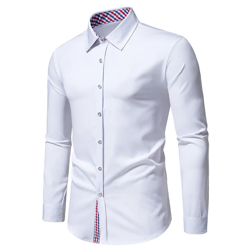 Men's loose plaid stitching casual long-sleeved shirt in polyester fibre, available in black, cardigan style.