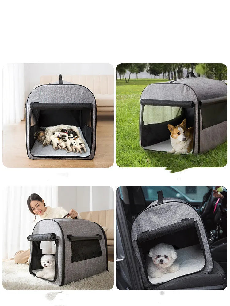 Grey portable cylinder dog cage house pet carrier with mesh windows and roll-up sunshade