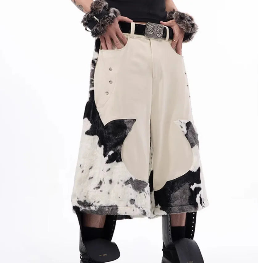 Stitching milk fiber fur cropped pants with personalised patterns in picture colour, available in sizes S to XL