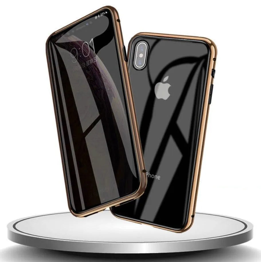 Glass anti-spy clamshell phone case in six colours for various iPhone models.