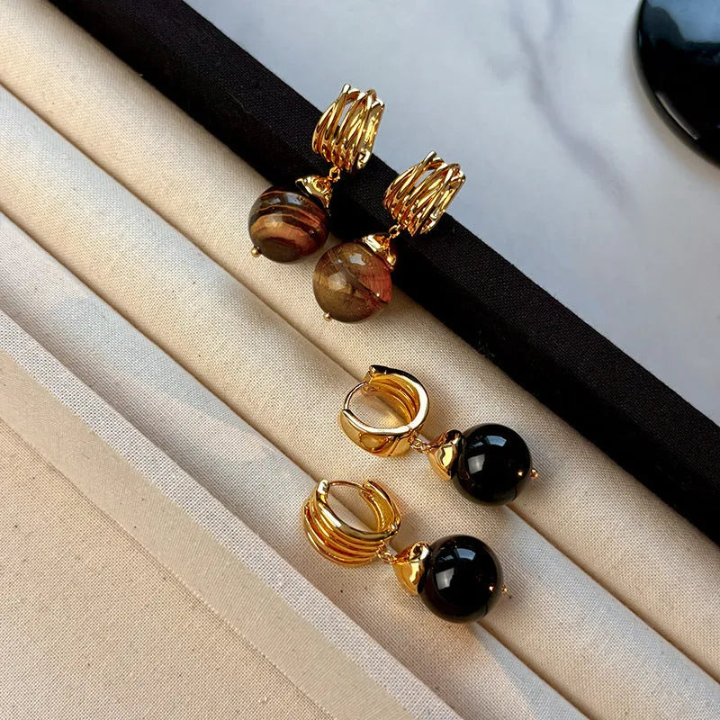 Geometric round Tigereye earrings with gold plating in brown and black colour options