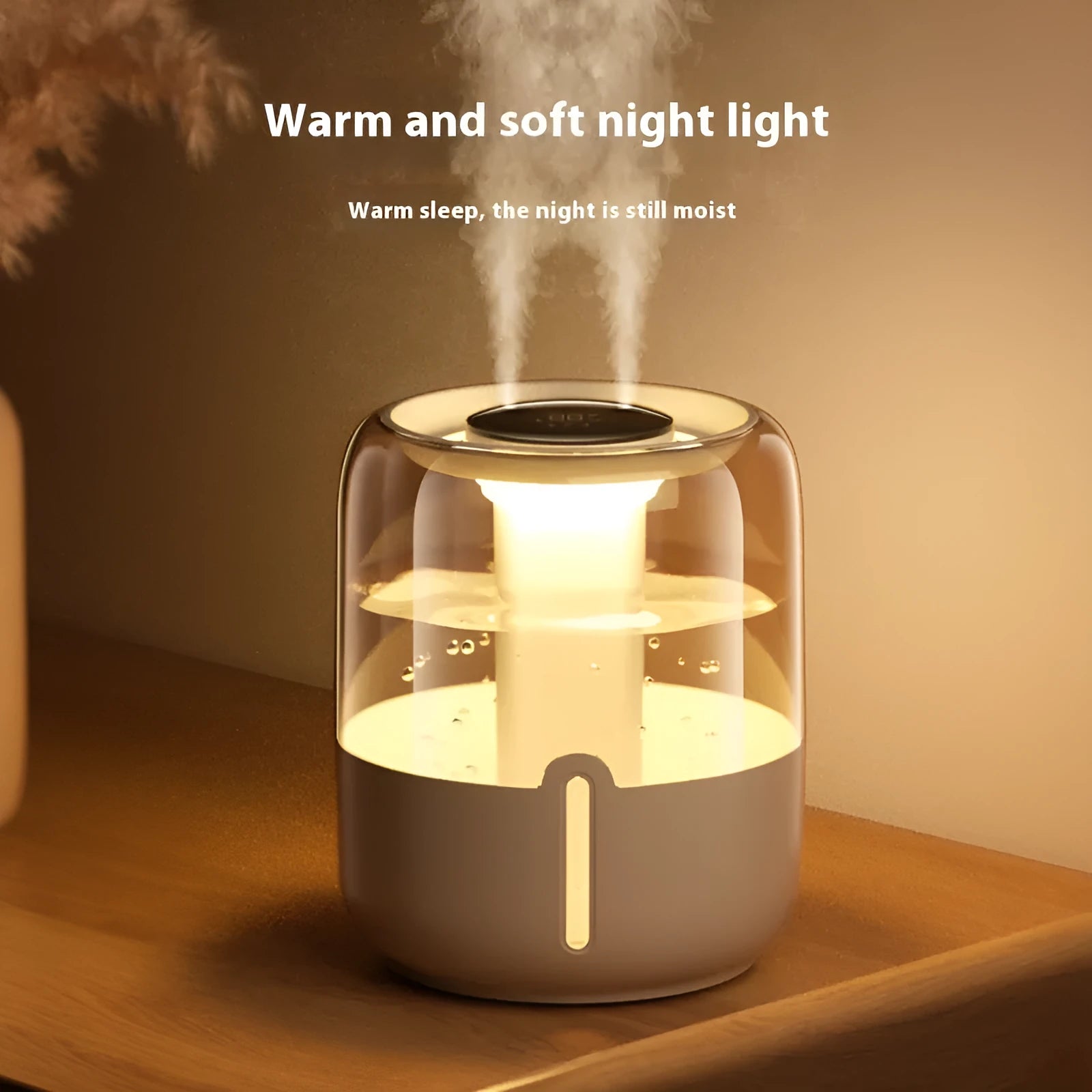 Beige large capacity USB humidifier with dual spray, display and night light