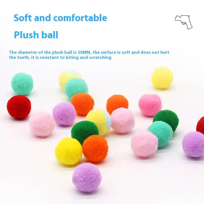 Plush pet toy launch gun with colourful yarn balls for indoor cat and dog play