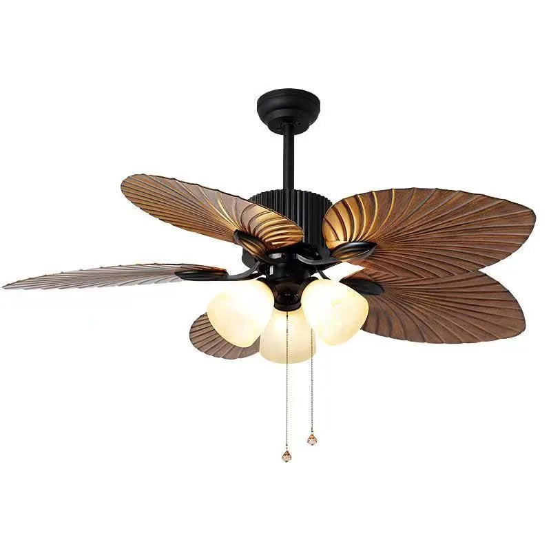 52-inch retro ceiling fan light with wooden blades and five copper lampshades