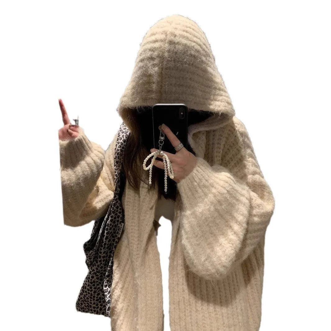 Women's dark grey retro-style hooded cardigan with a loose fit and thick fabric