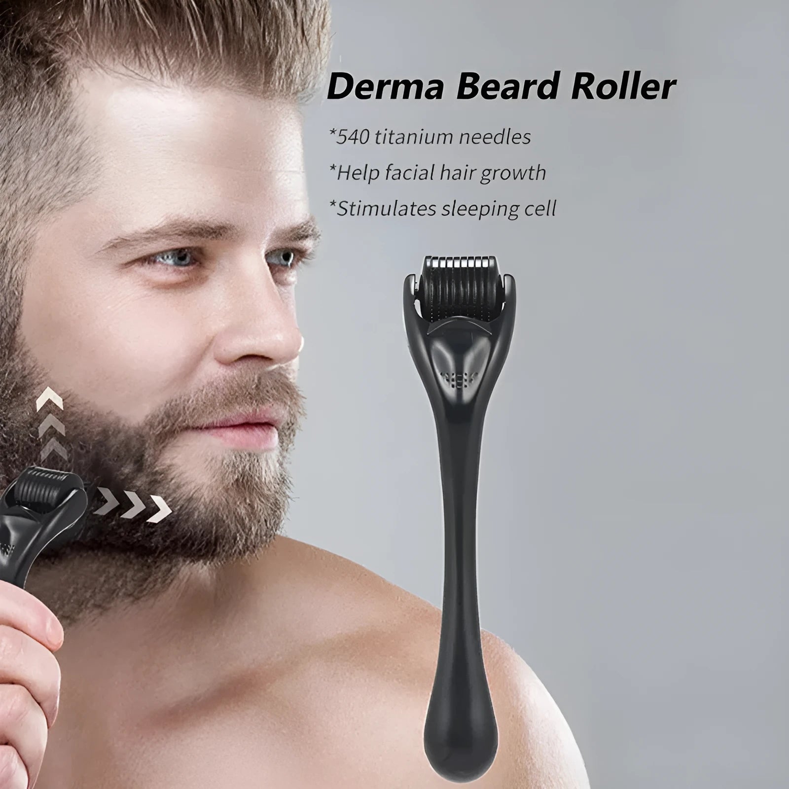 Black derma roller with titanium needles showing six depth options from 0.2mm to 1.0mm for facial and body skincare