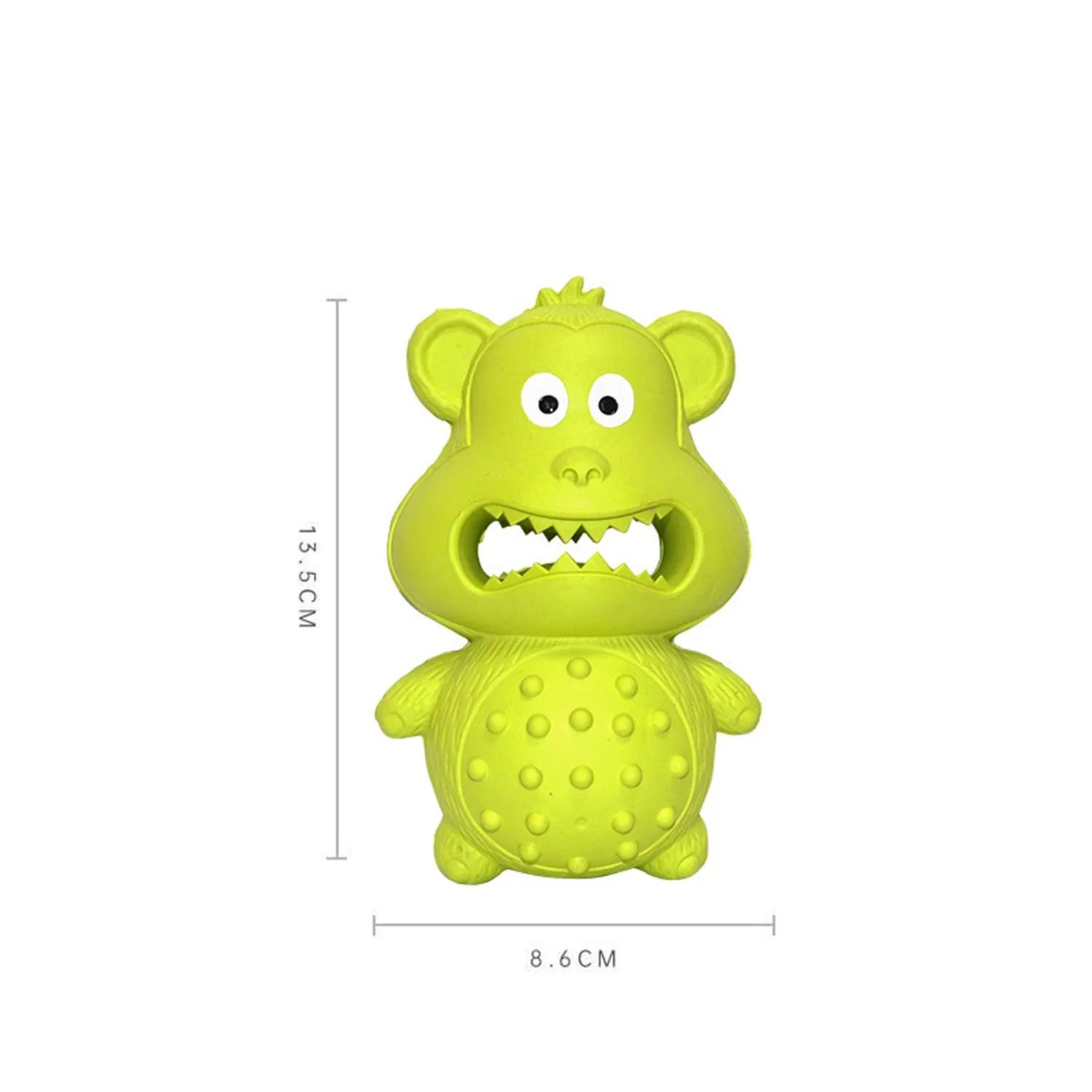 Green and yellow natural rubber squeaky dog toy for aggressive chewers.