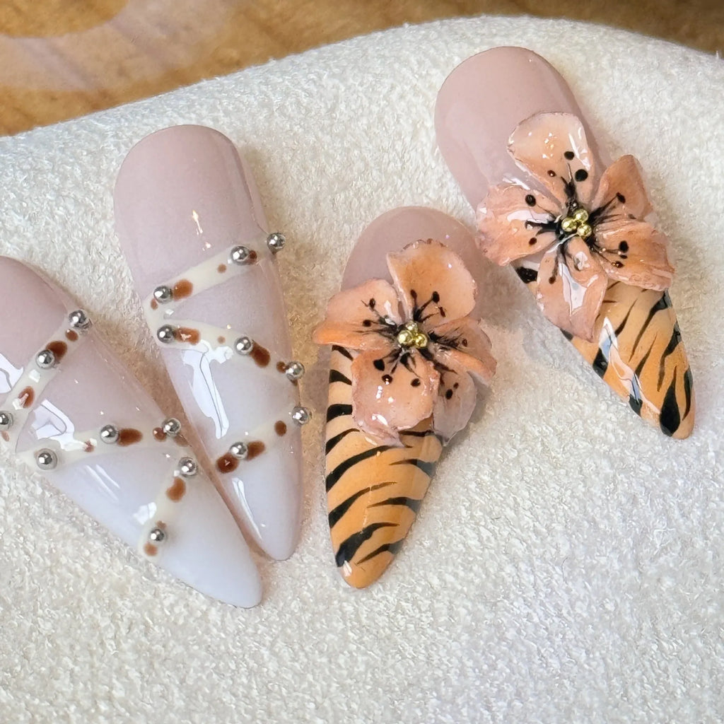 Handmade French style leopard print nail stickers with cross and flower patterns in long tip design available in sizes XS to L