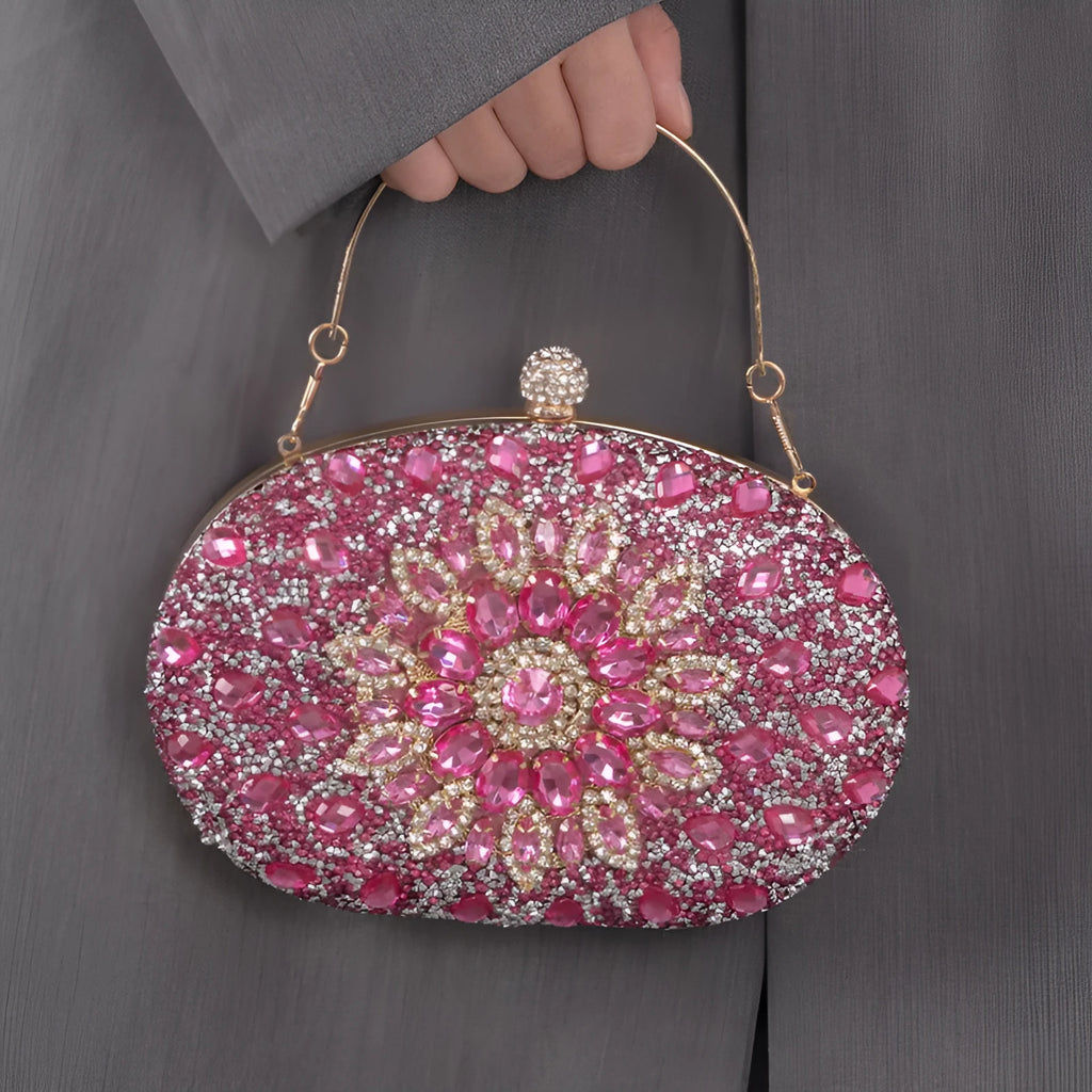 Personalised banquet women's handbag with rhinestone and hardware details, 20x15x5 cm, available in gold silver red blue green black purple pink dark blue