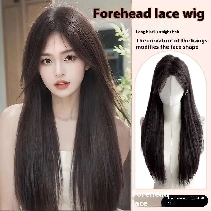 Forehead lace long straight full-head wig in dark brown with side bangs on a mannequin head