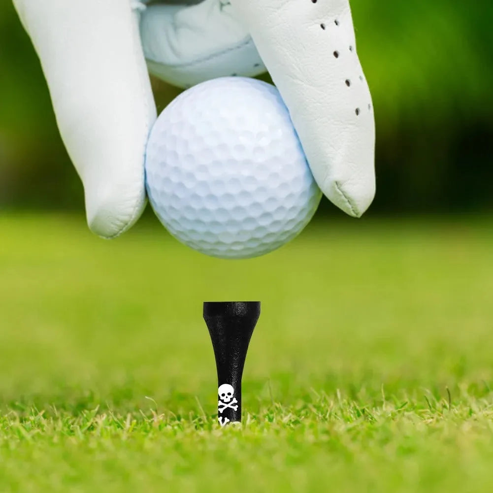 Ten bamboo dowel pins for golf spikes in two lengths with black skull print.