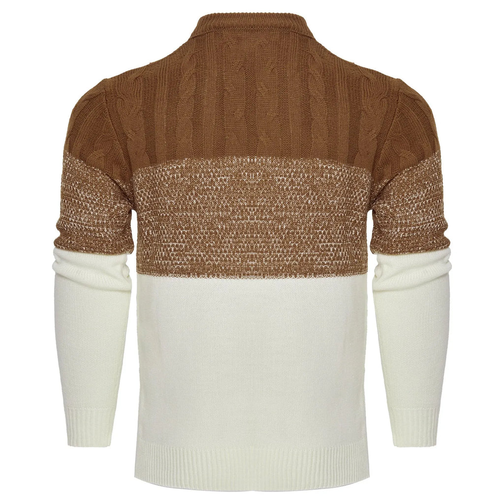Men's casual colour block long sleeve cable knit pullover sweater in blue, with crew neck and ribbed cuffs