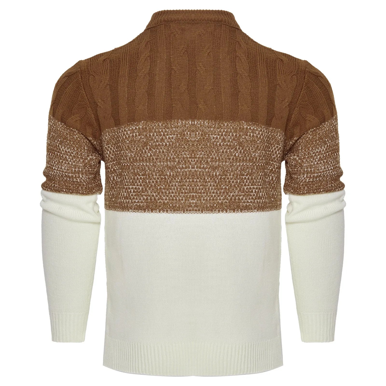 Men's casual colour block long sleeve cable knit pullover sweater in blue, with crew neck and ribbed cuffs