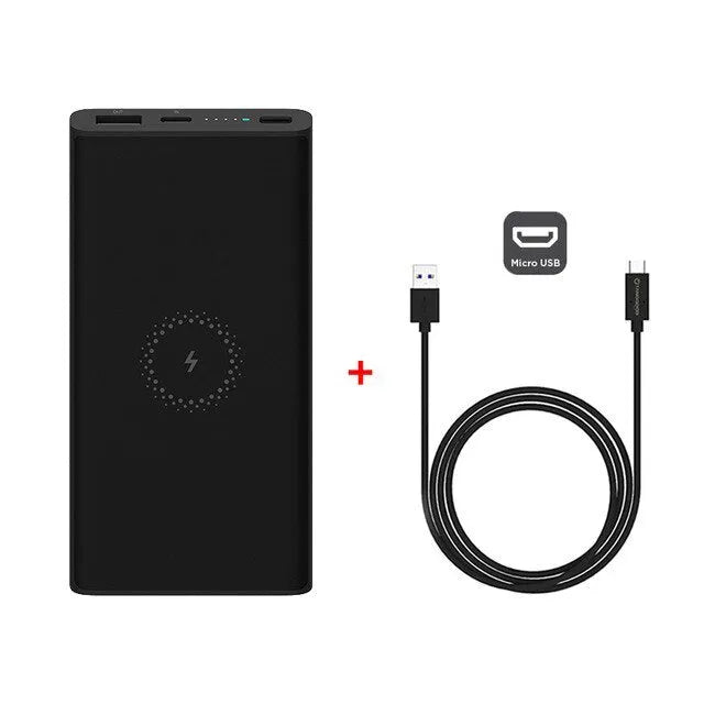 Black and white 10000mAh power bank with USB Type-C port and wireless charging