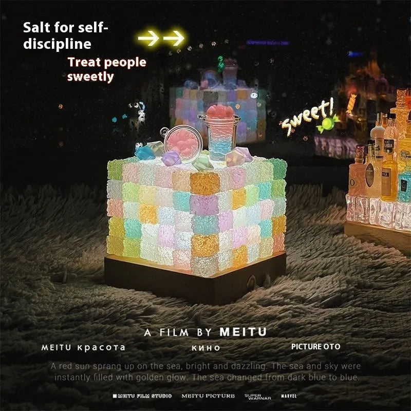 Crystal luminous cube sugar LED small night lamp with 8cm base and USB button