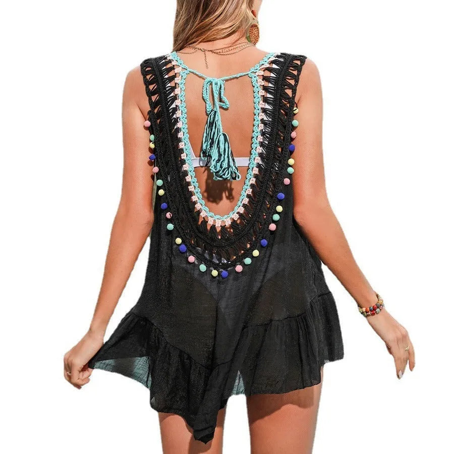 Black hand-crocheted women's beach cover-up vest with cut-out ruffle detailing