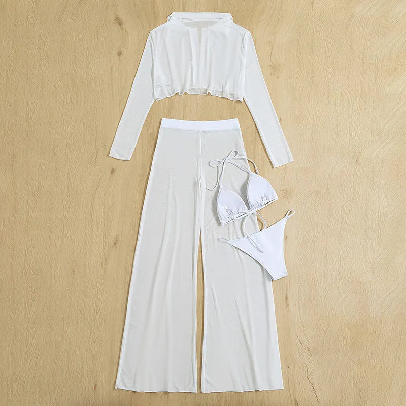 White women's four-piece swimsuit set with high waist and backless design, nylon spandex fabric