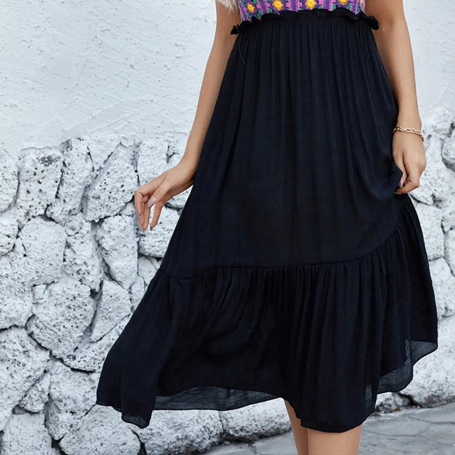 Purple sleeveless dress with hand hook flower stitching, cotton blend fabric with polyester lining
