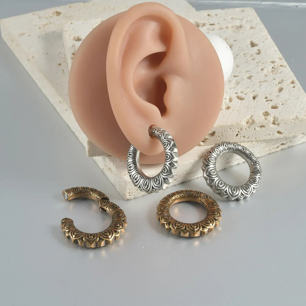 Large antique silver geometric dragon hollow out stainless steel earrings for men and women.
