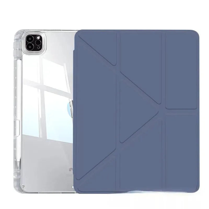Transparent acrylic iPad protective cover showing magnetic attachment points and built-in viewing bracket