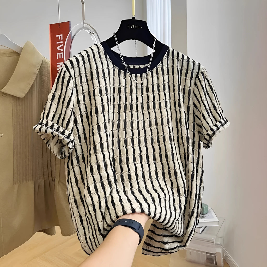 Men's black striped casual shirt with loose fit design and short sleeves in silk-linen blend fabric