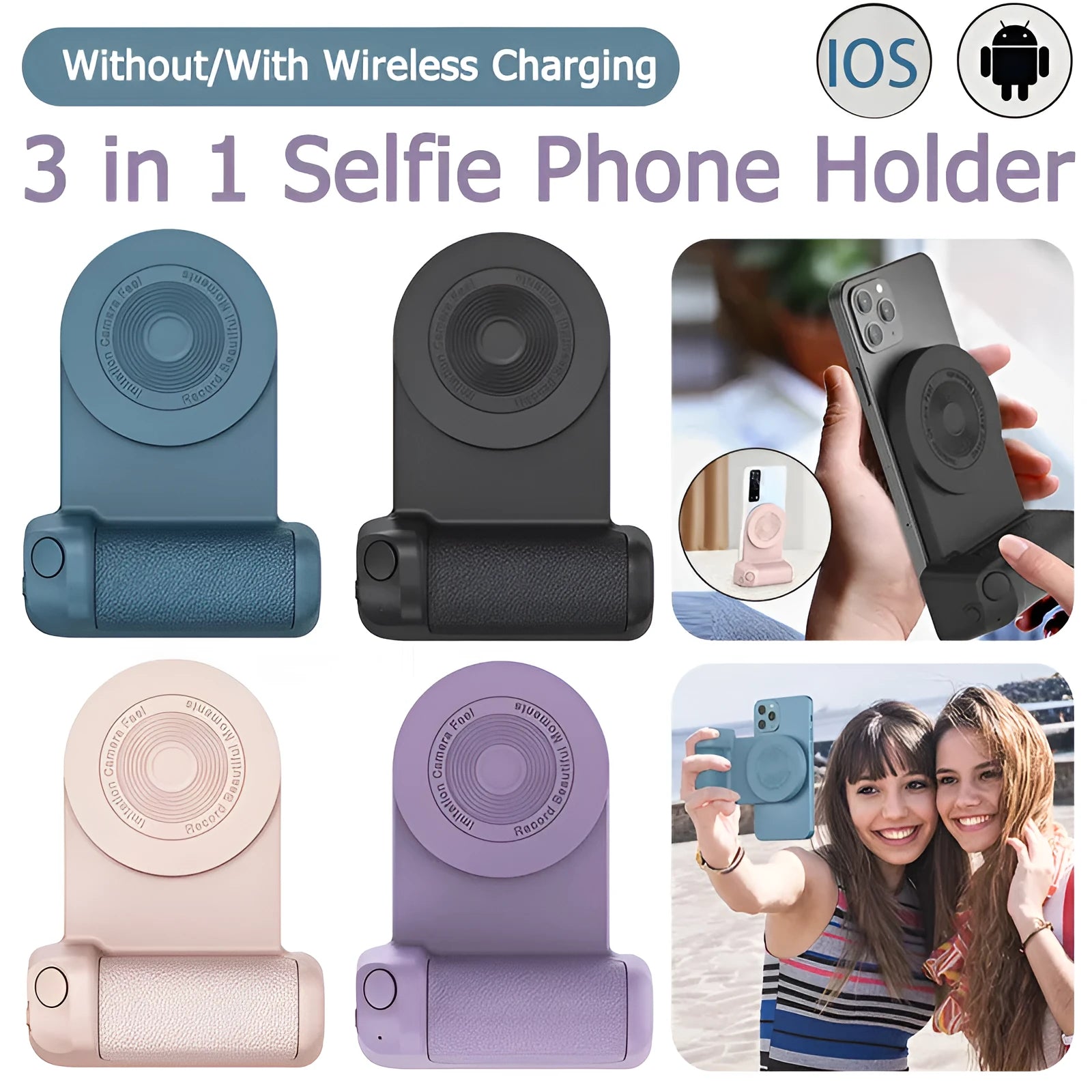 3-in-1 magnetic phone holder camera bracket with PU leather handle and rotatable stand, in black, on a table