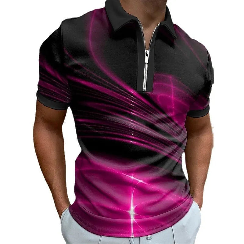 Men's lapel short sleeve zipper polo shirt in bird eye cloth polyester, loose fit, blue colour