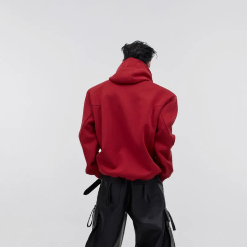 Men's loose hooded sweater with heavy shoulder pads and metal printing details in red colour