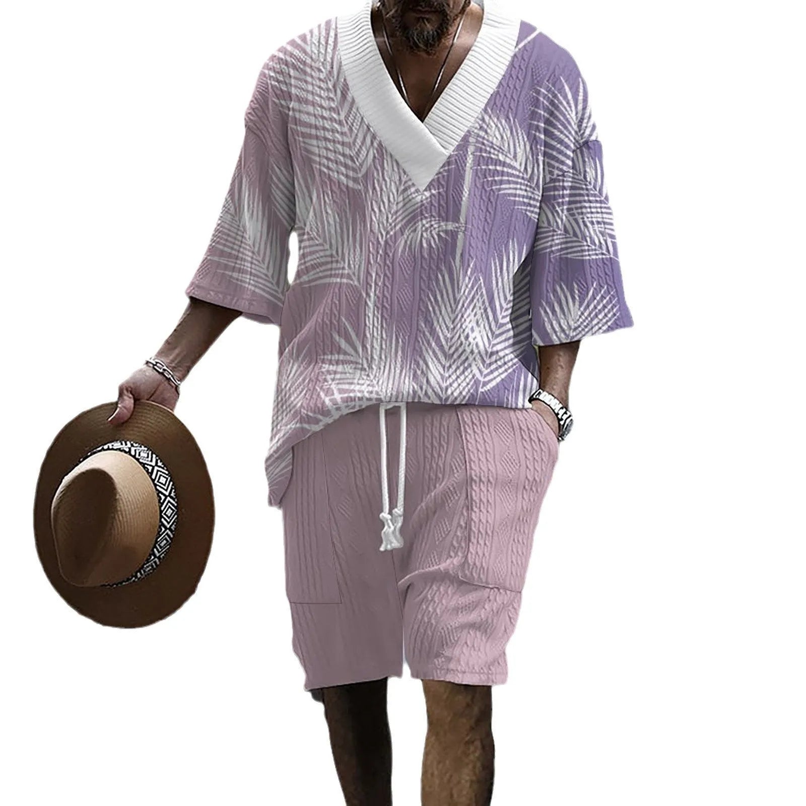 Men's printed drop-shoulder knitted short-sleeve top and matching shorts set on a hanger.
